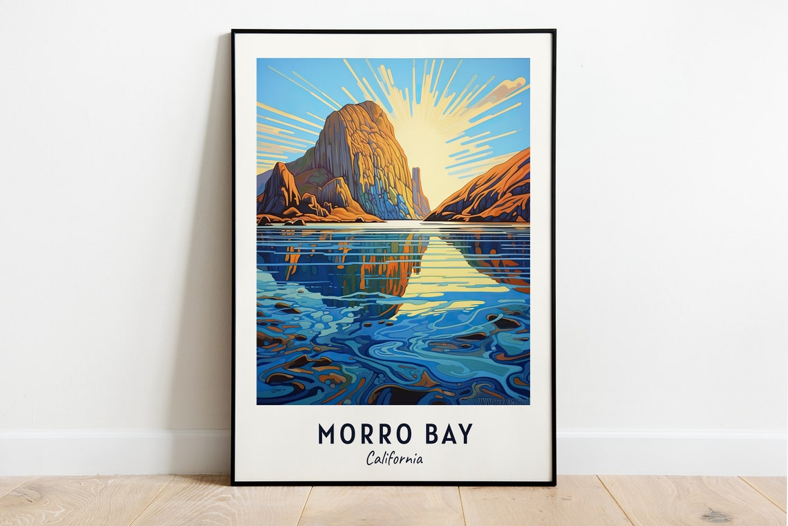 Morro Bay California Morro Rock Sunrise Ocean Reflection Travel Poster