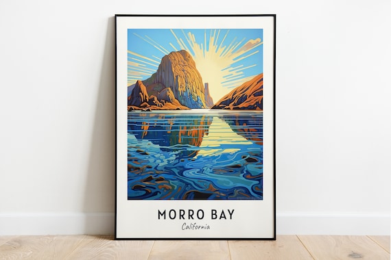 Morro Bay California Morro Rock Sunrise Ocean Reflection Travel Poster