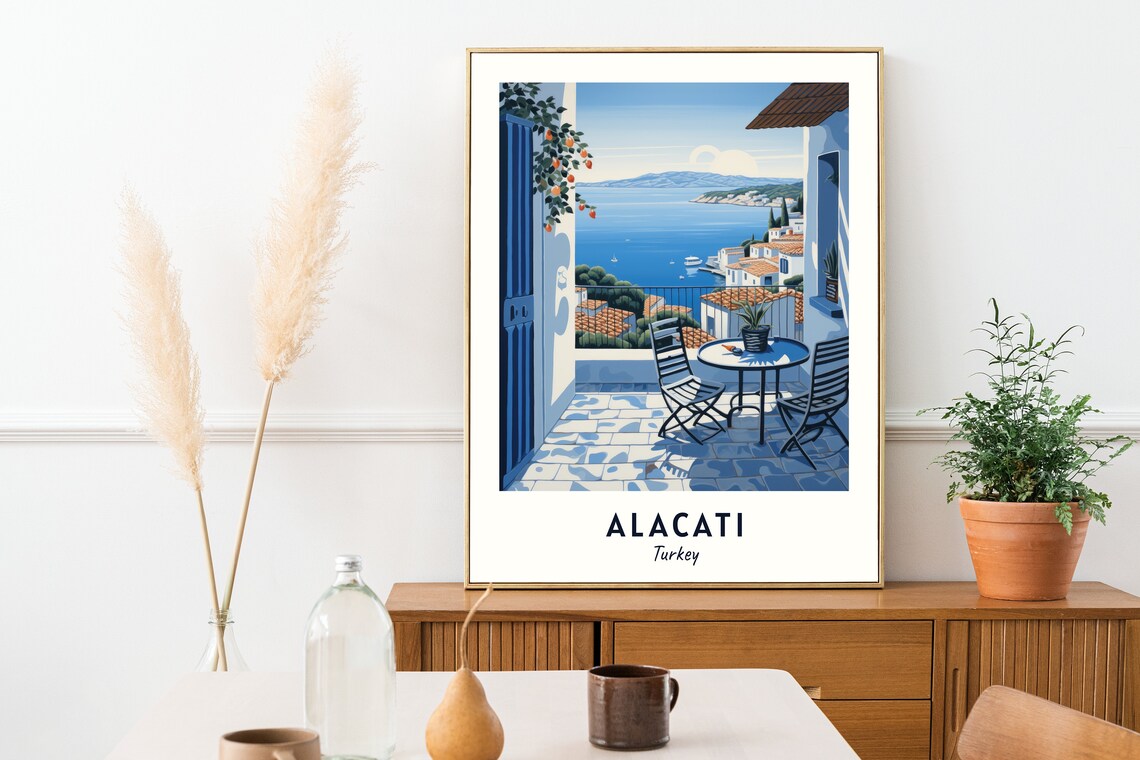 Alacati Turkey Terrace Sea View Cafe Minimalist Travel Poster - Image 2
