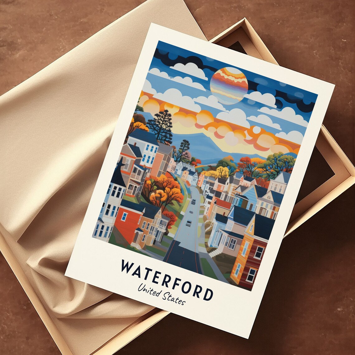 Waterford Sunset Hillside Town Street Colorful Homes Travel Poster - Image 3
