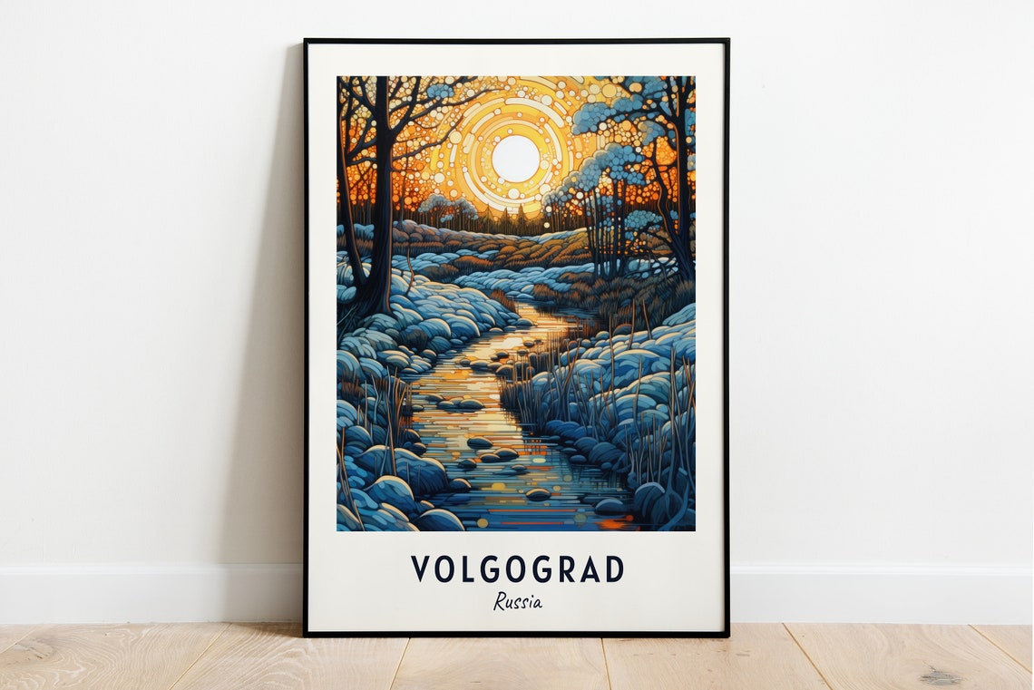 Volgograd Winter Snowy Stream Glowing Sunset Woods Travel Poster