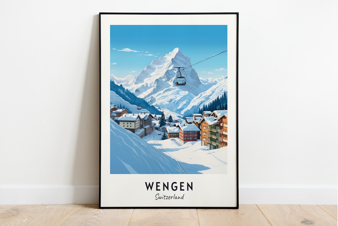 Wengen Switzerland Gondola Cable Over the Alpine Village Poster