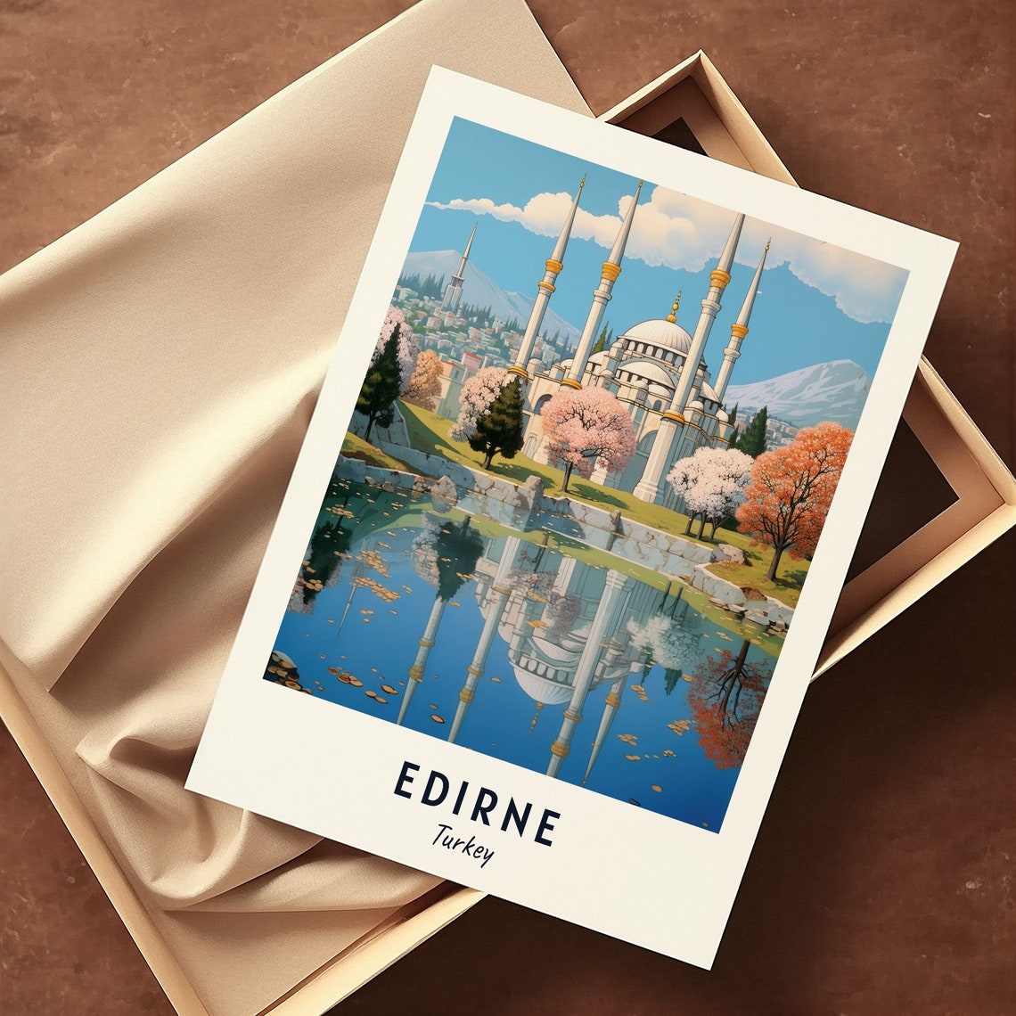 Edirne Selimiye Mosque Minarets Blossom Pond Trees Travel Poster - Image 3