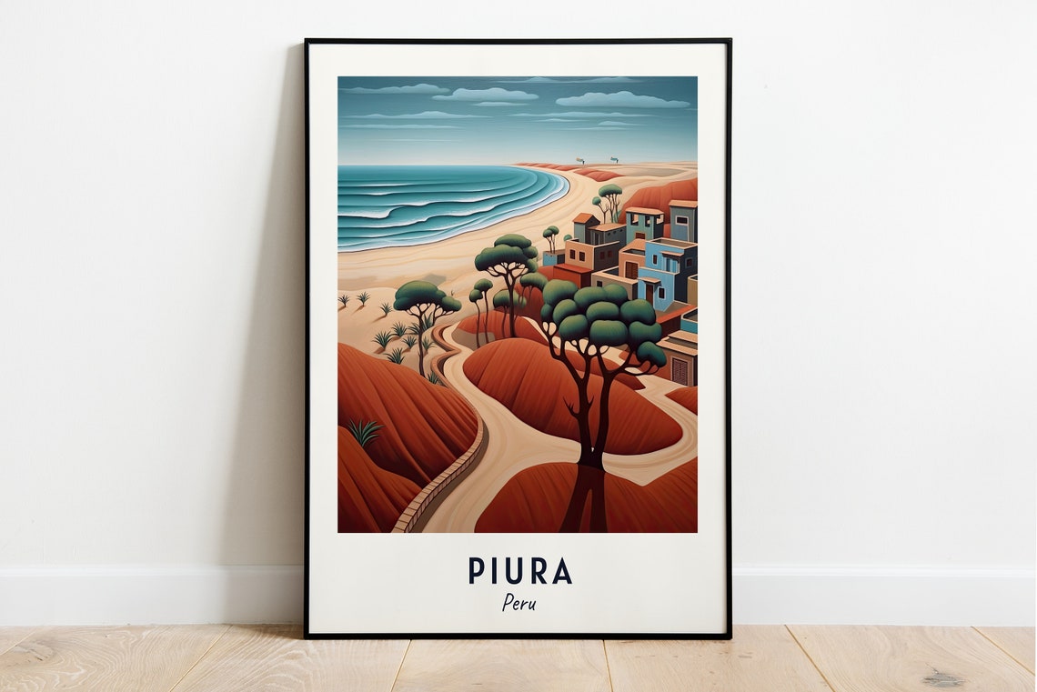 Piura Peru Sandy Beach Dunes And Village On The Coast Travel Poster