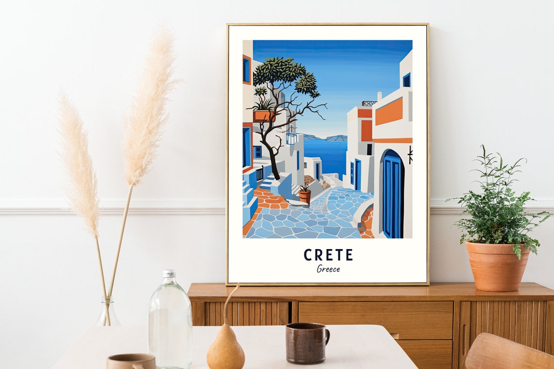Crete Greece Whitewashed Alley Blue Doors Seaside Steps Travel Poster - Image 2