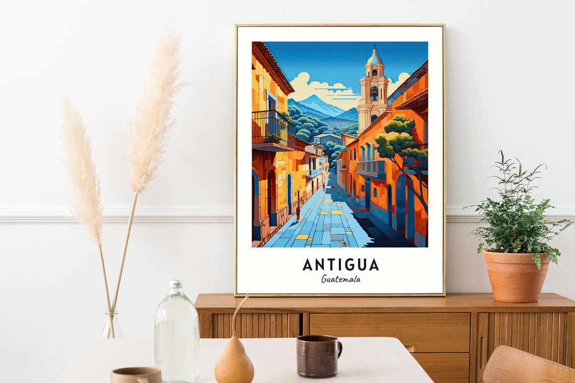 Antigua Guatemala Cobblestone Street and Church Bell Tower Poster