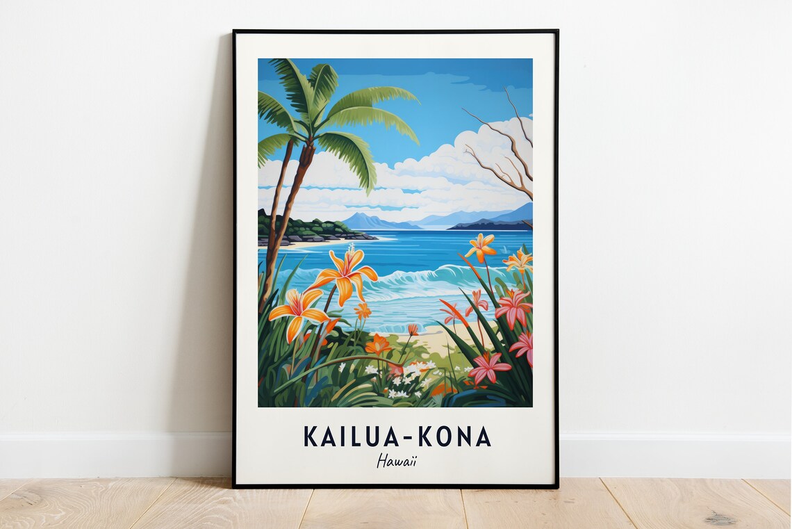 Kailua Kona Hawaii Beach Palm Flowers Minimalist Travel Poster
