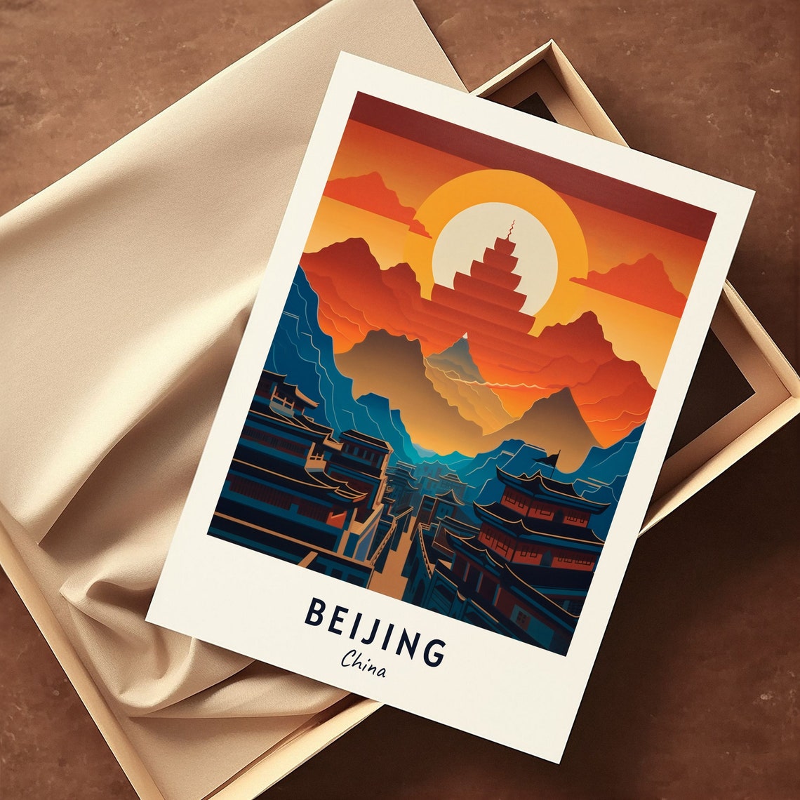 Beijing China Mountain Pagoda Sunset Silhouette City Travel Poster - Image 3