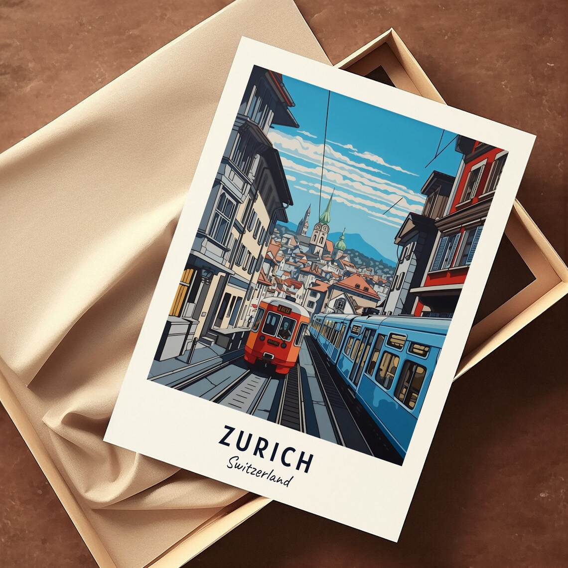 Zurich Switzerland Tram Street Old Town Scene Art Travel Poster - Image 3