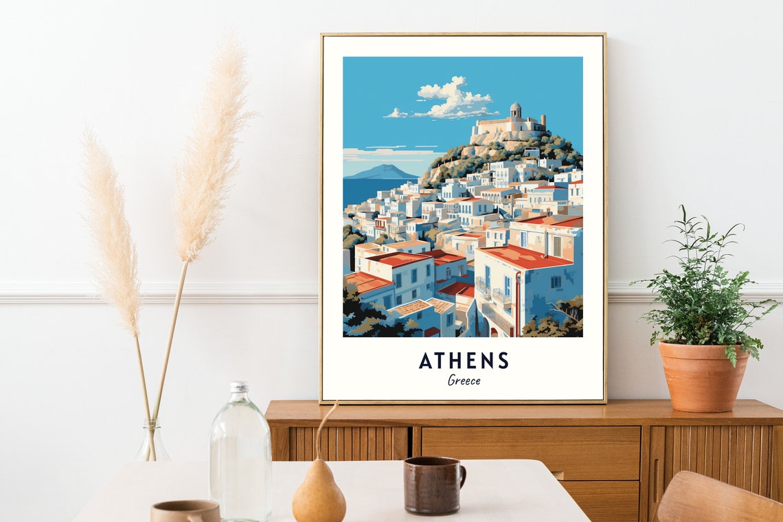 Athens Greece Whitewashed Hillside Town Fortress Travel Poster - Image 2