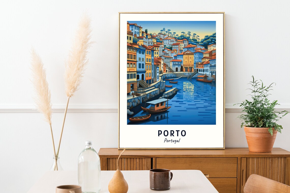Porto Portugal Riverside Boats Evening Travel Poster Artwork - Image 2