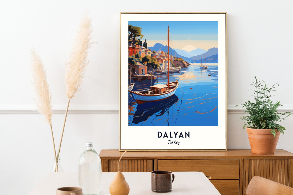 Dalyan Turkey Fishing Boats Harbor Minimalist Seascape Travel Poster - Image 2