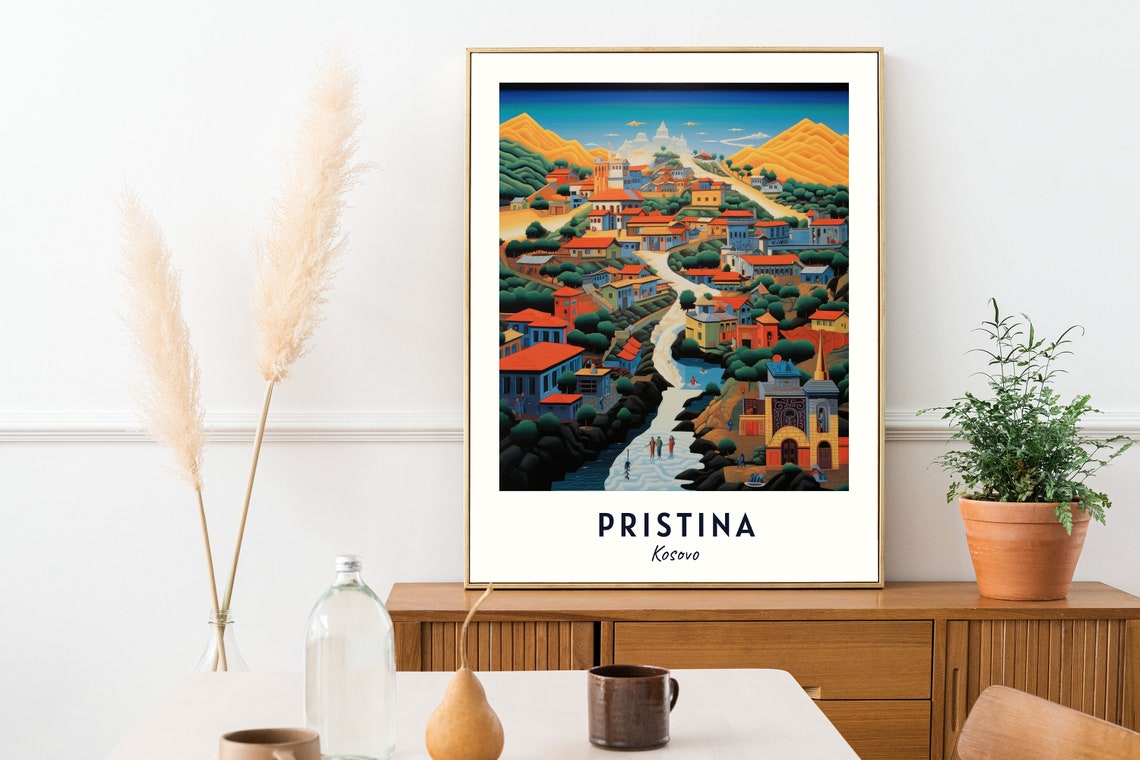 Pristina Kosovo Cityscape Winding River Mountains Travel Poster - Image 2
