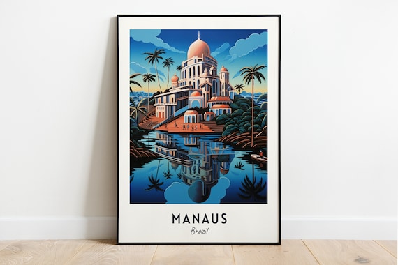 Manaus Brazil Domed Theatre Building Reflected In The Water Travel Poster