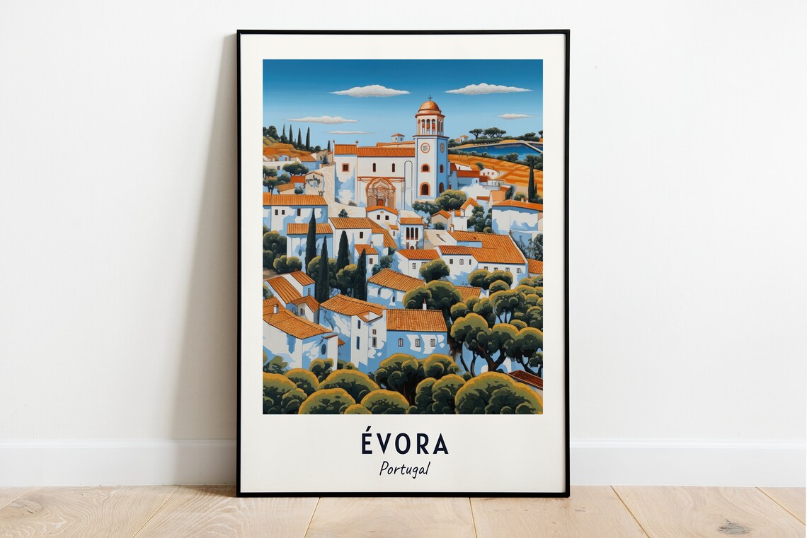 Evora Portugal Old Town Skyline Vintage Travel Poster Artwork