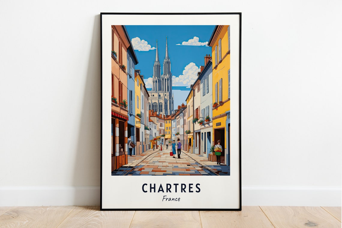 Chartres France Cathedral Cobblestone Street Sunny Day Poster