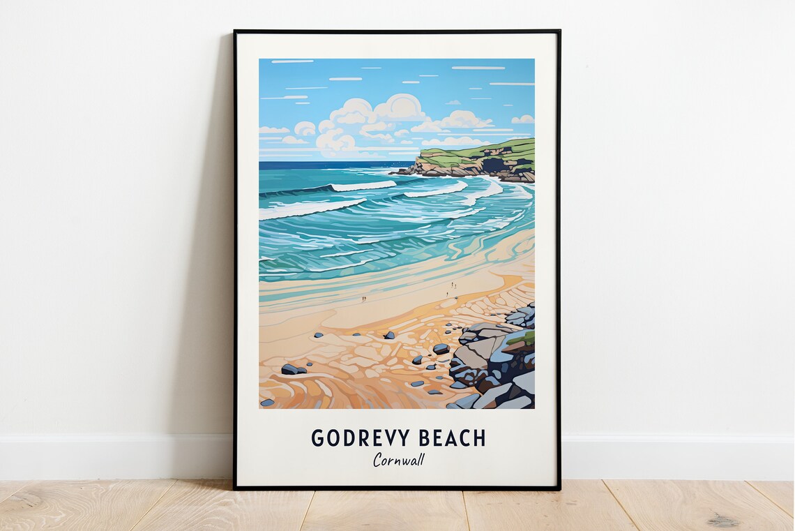 Godrevy Beach Cornwall Turquoise Surf Over Sand Travel Poster