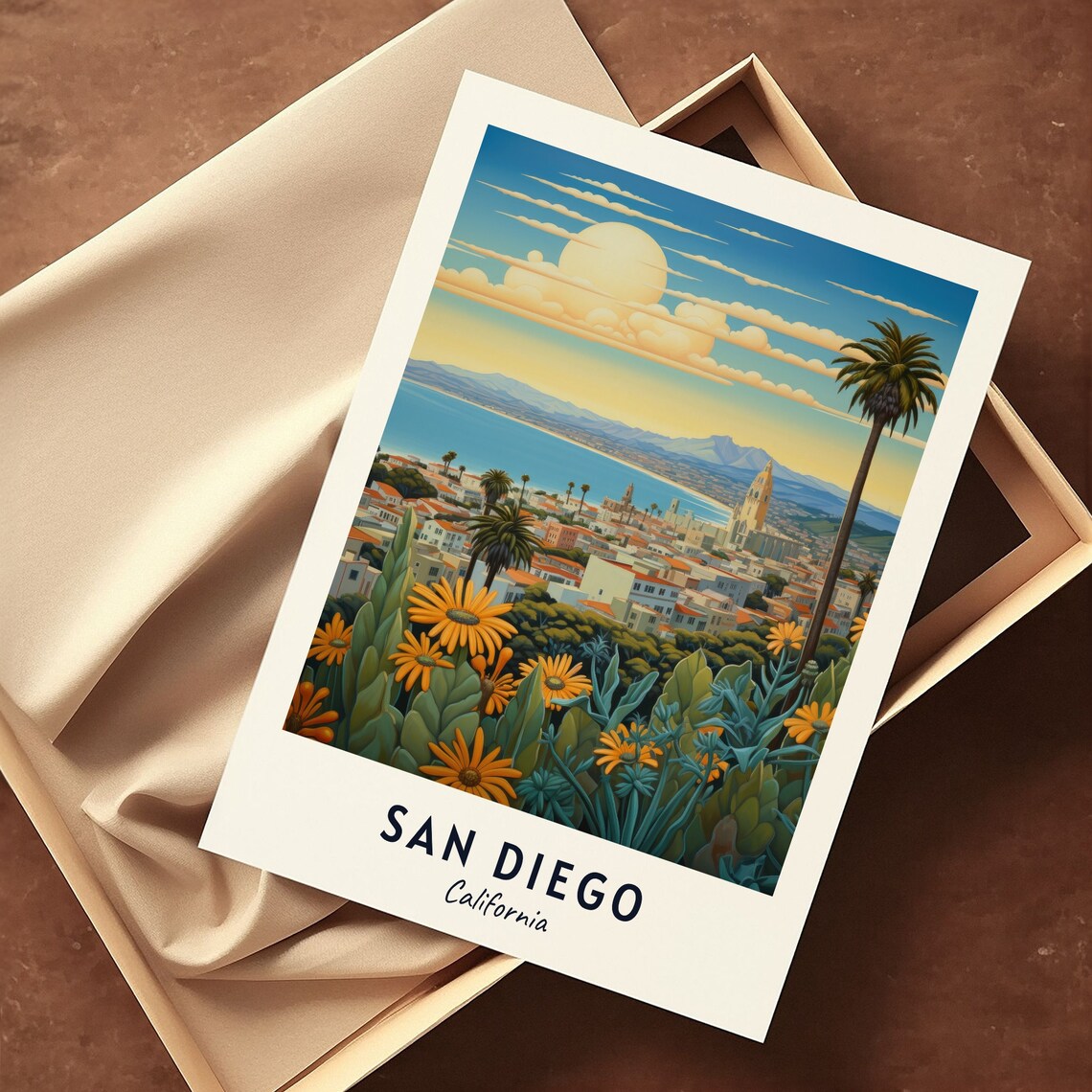 San Diego California Bay Vista Sunflowers Mission Bell Tower Travel Poster - Image 3