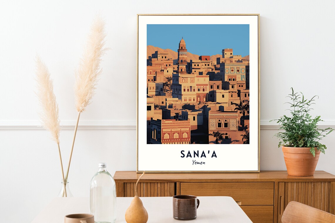 Sanaa Ancient Old City Towers Glowing at Sunset Yemen Travel Poster - Image 2