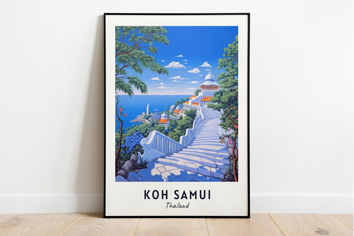 Koh Samui Thailand Temple Stairway Overlooking The Sea Travel Poster