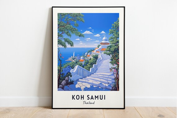 Koh Samui Thailand Temple Stairway Overlooking The Sea Travel Poster