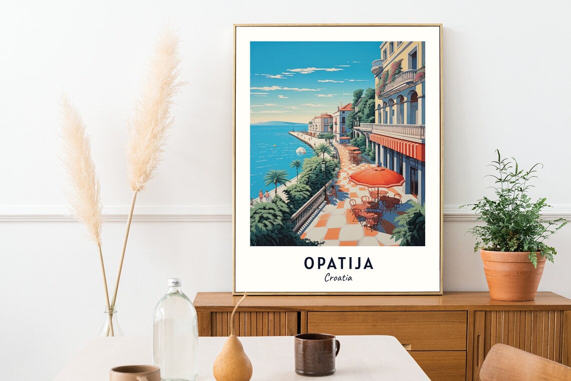 Opatija Croatia Seaside Promenade Cafés Red Umbrellas Poster - Image 2