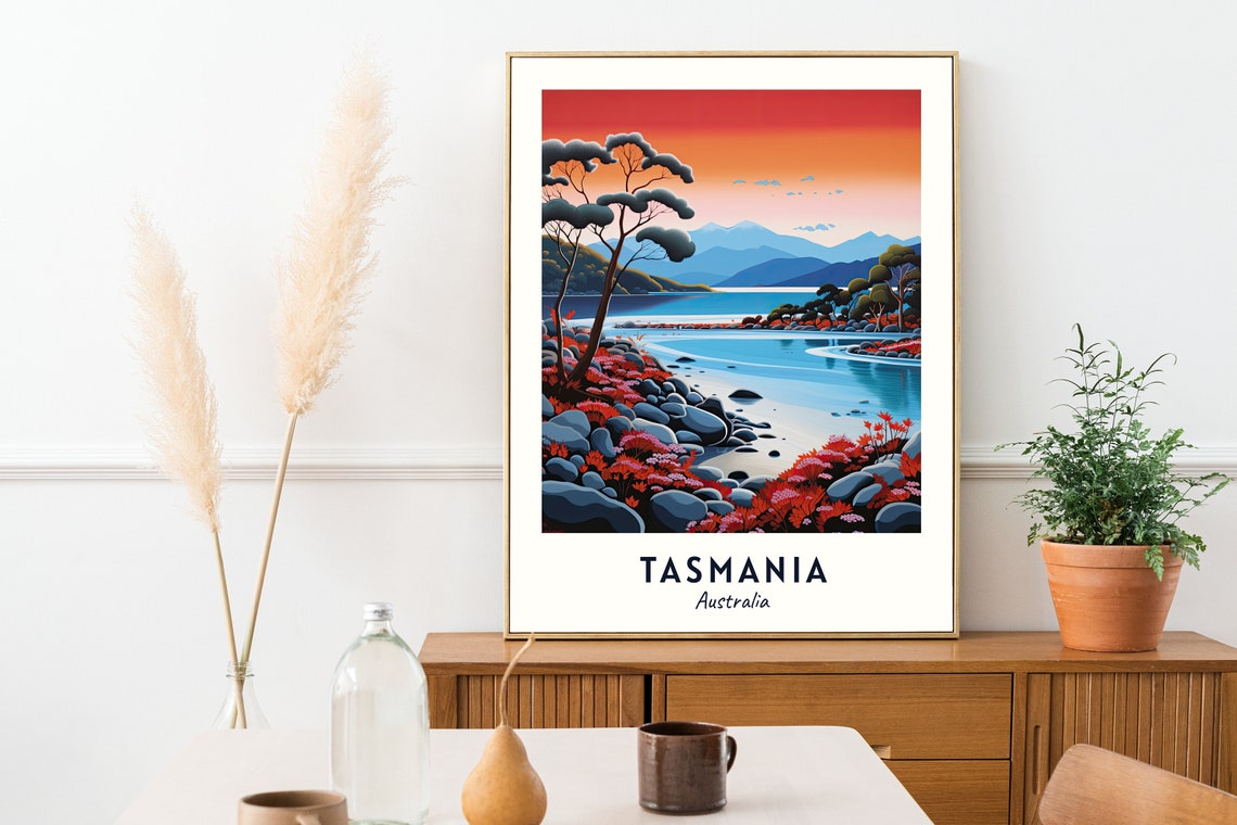 Tasmania Australia Red Foliage Shoreline Mountain Lake Travel Poster - Image 2