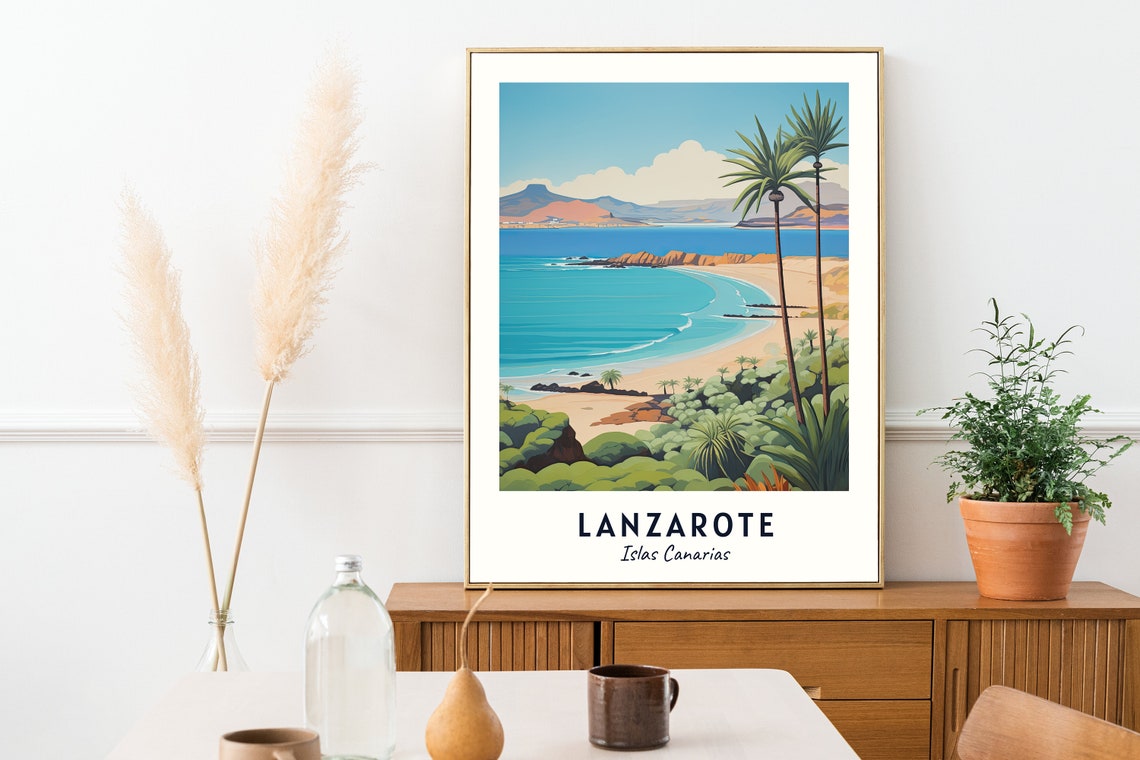 Lanzarote Canary Islands Beach Bay Palm Trees Sunset Travel Poster - Image 2