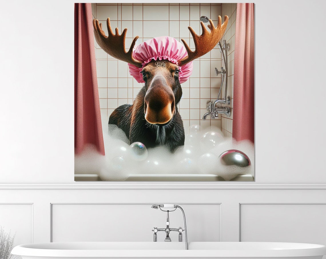 Funny Moose in Pink Shower Cap Bubble Bath Antlers Bathroom Poster - Image 4