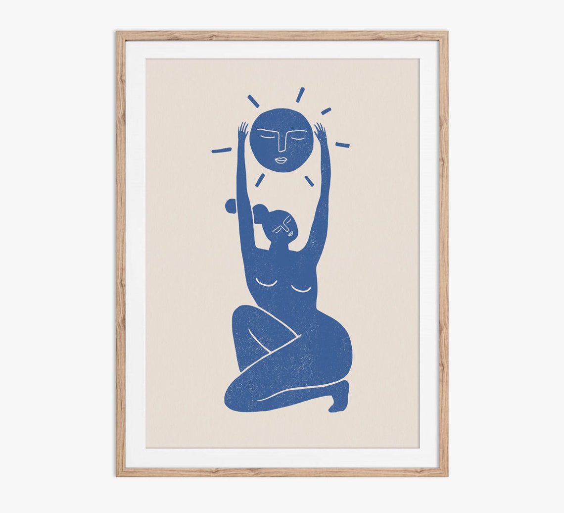 Peaceful Warrior Woodblock Style Art Print in Blue