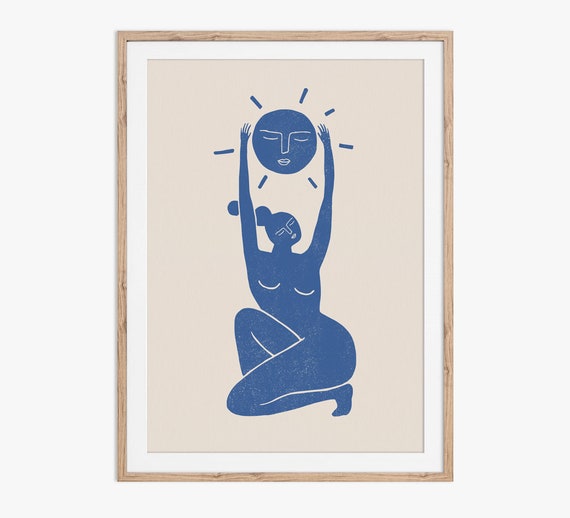 Peaceful Warrior Woodblock Style Art Print in Blue