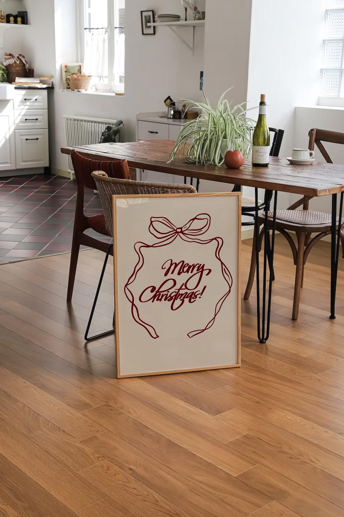 Red Ribbon Bow Merry Christmas Hand Lettered Script Quote Poster - Image 3