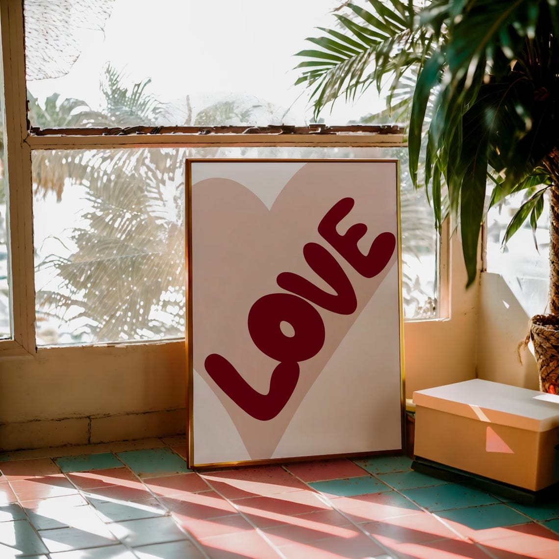 Love Red Bubble Letters on Blush Pink Heart Retro Quote Poster - Image 2