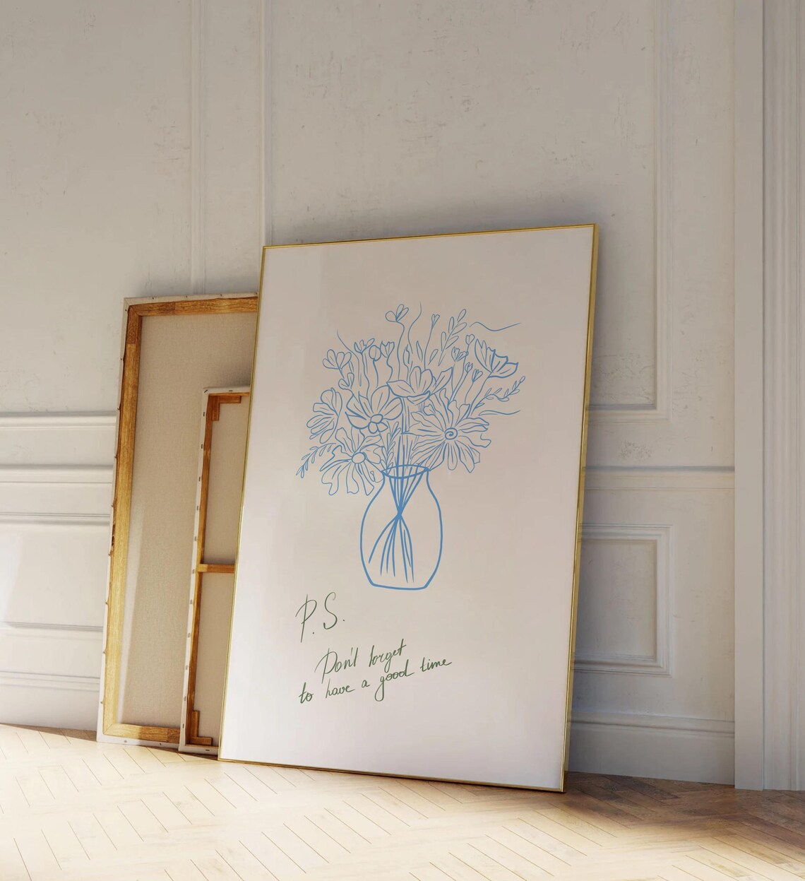 Blue Floral Drawing Bouquet Art Print, Aesthetic Decor - Image 2