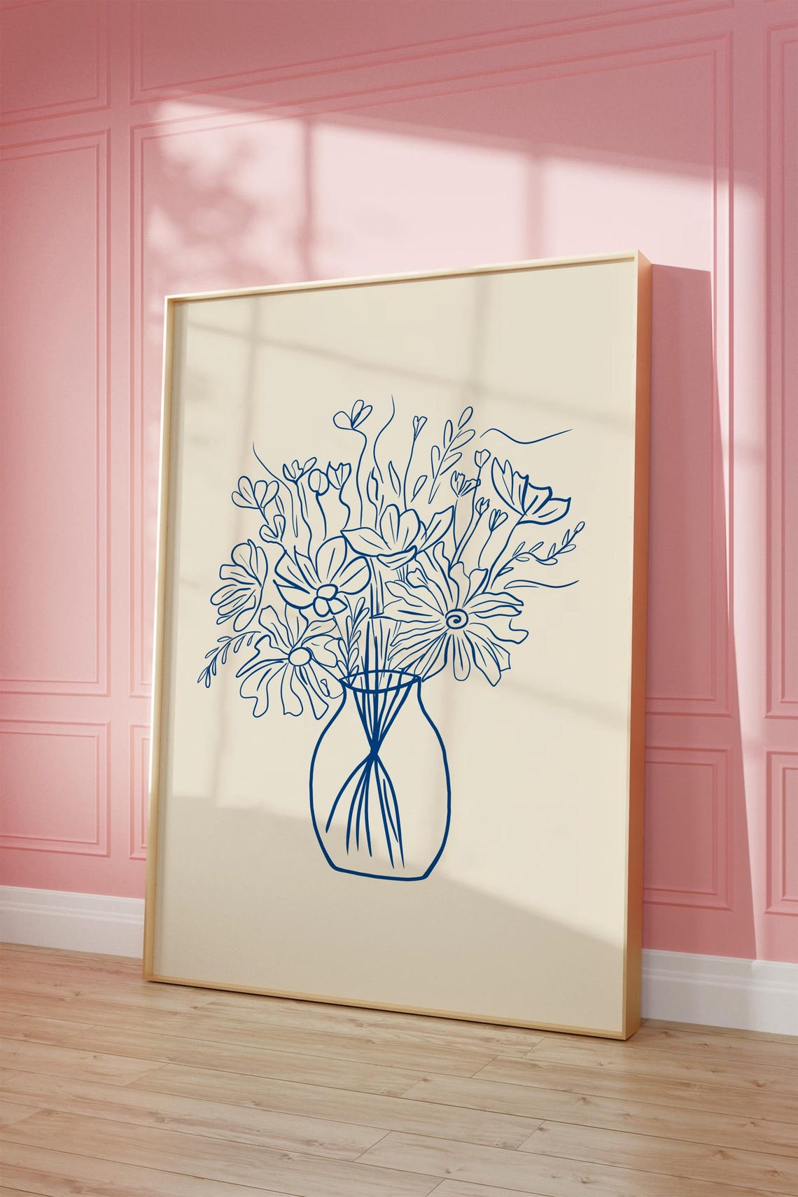 Cobalt Blue Floral Bouquet Fine Line Botanical Vase Art Poster - Image 3