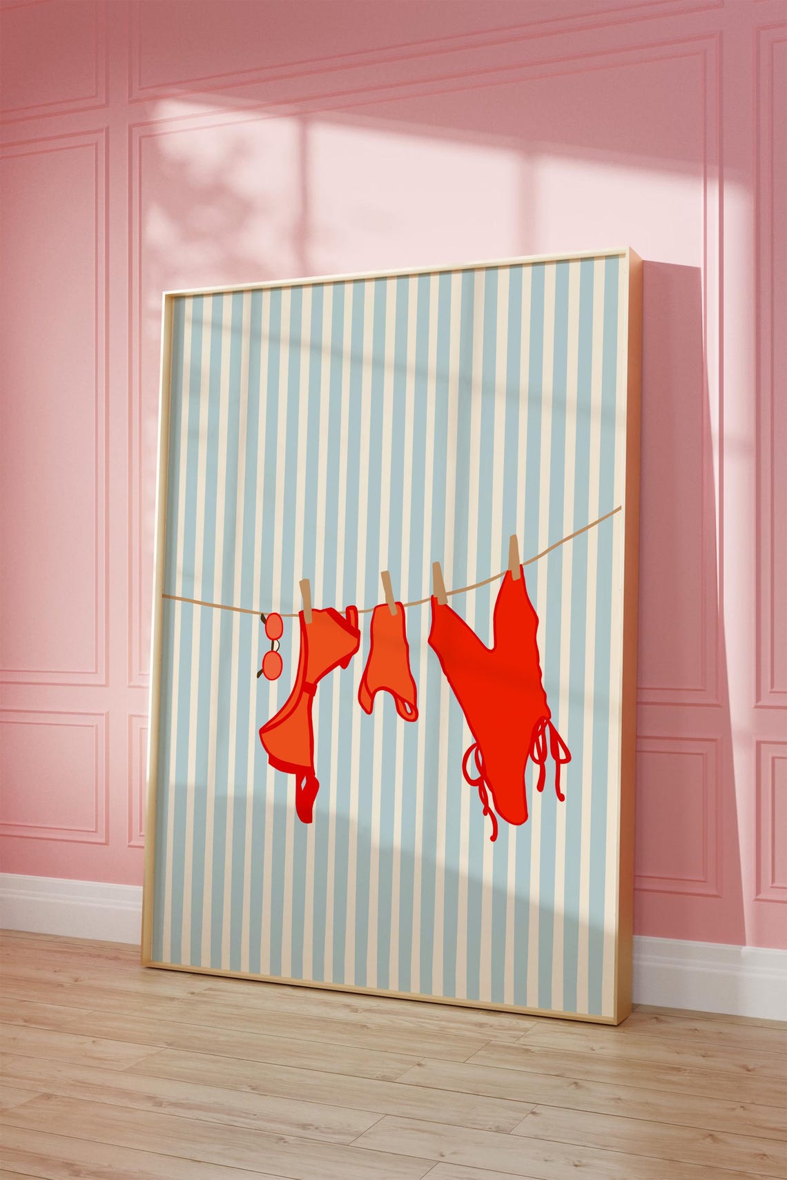 Red Swimsuits Clothesline Blue Striped Retro Beach Summer Poster - Image 3
