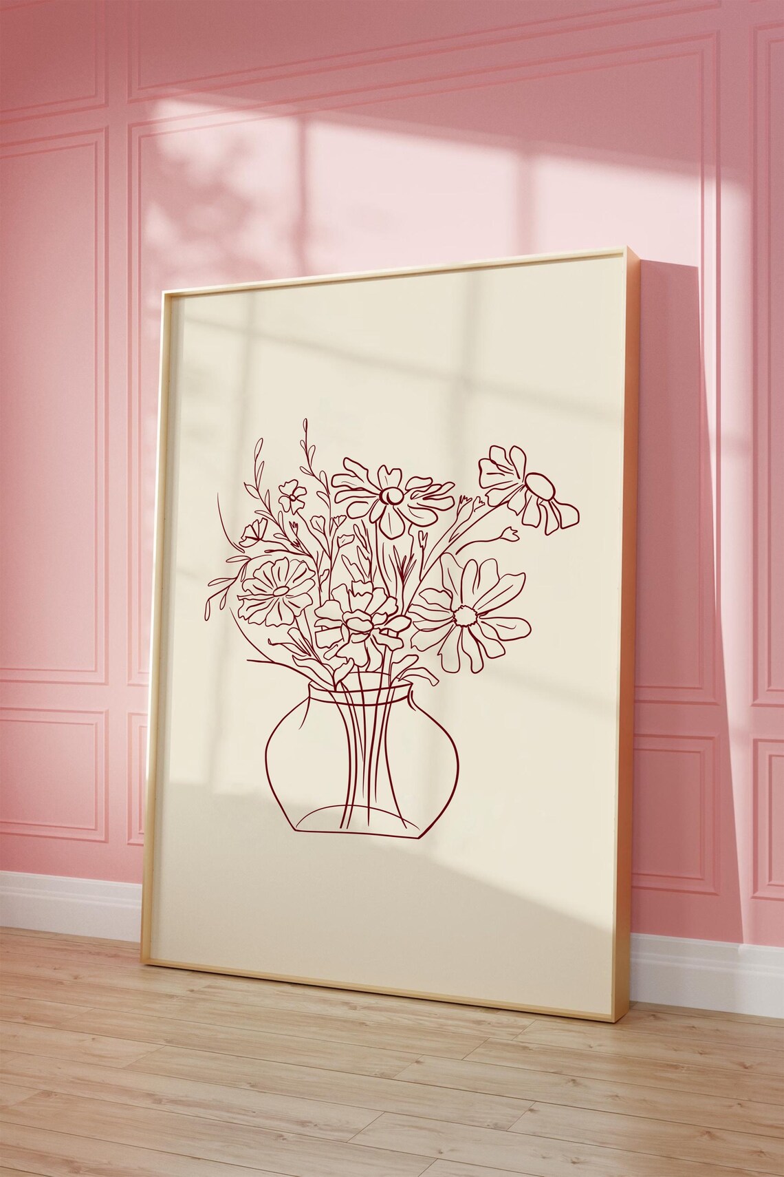 Burgundy Fine Line Floral Bouquet Botanical Minimalist Poster - Image 3