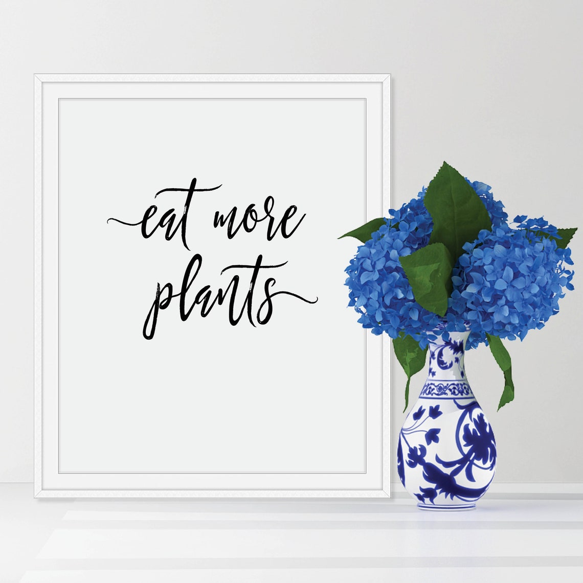 Eat More Plants Script Lettering Vegan Kitchen Black White Poster - Image 2