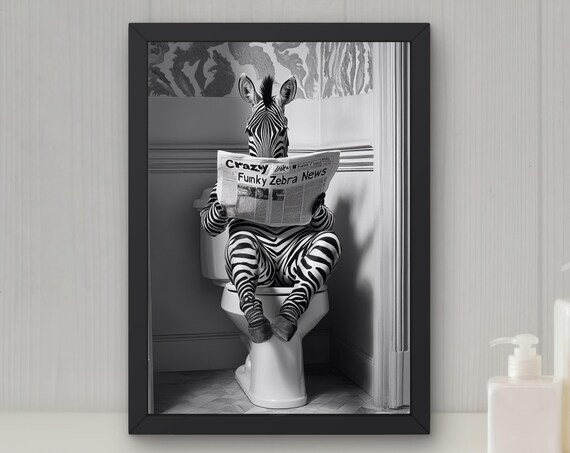 Zebra Reading a Newspaper on the Toilet Funny Bathroom Poster