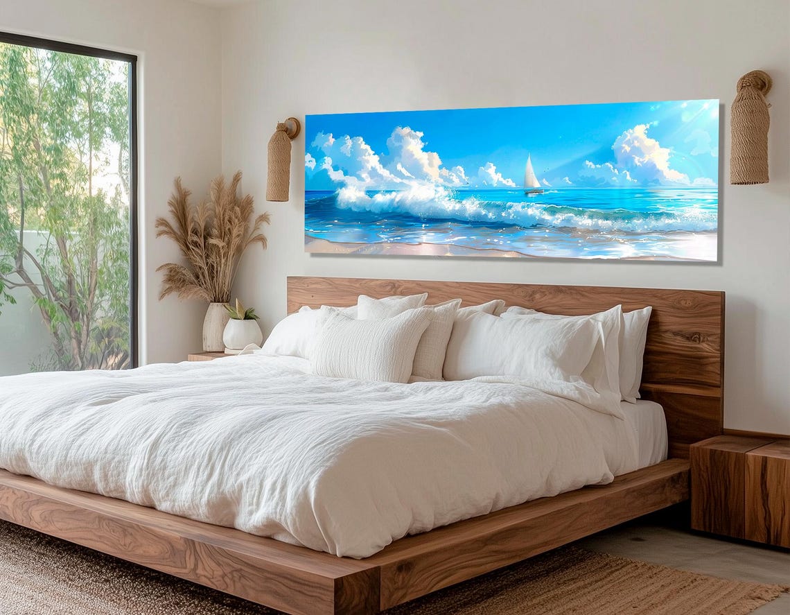 Turquoise Ocean Waves Sailboat Bright Blue Sky Panorama Beach Poster - Image 2