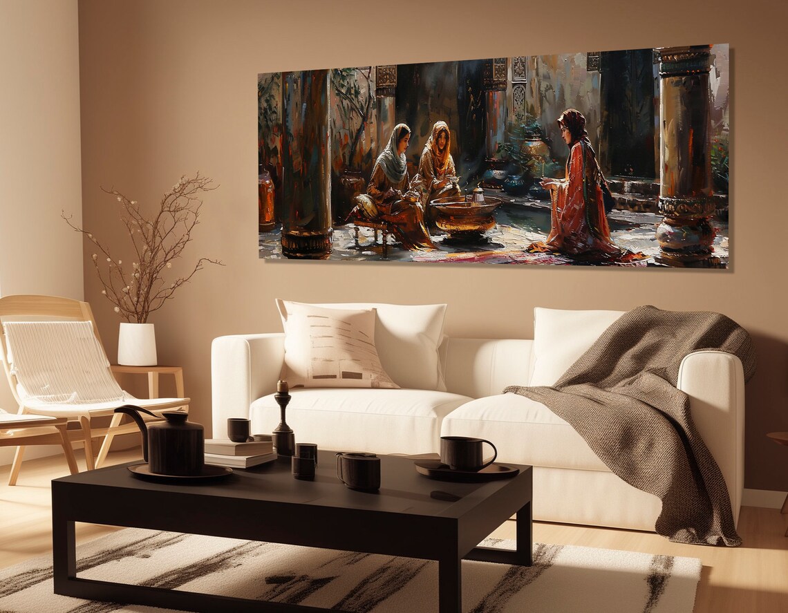 Arab Women Traditional Dress Courtyard Gathering Warm Impasto Wall Art - Image 2