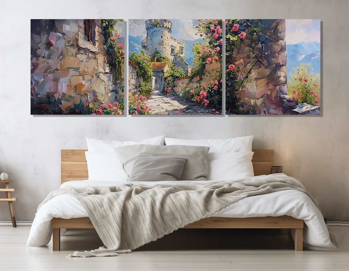 Old Stone Castle Rose Covered Cobblestone Lane Mountains Travel Poster - Image 4
