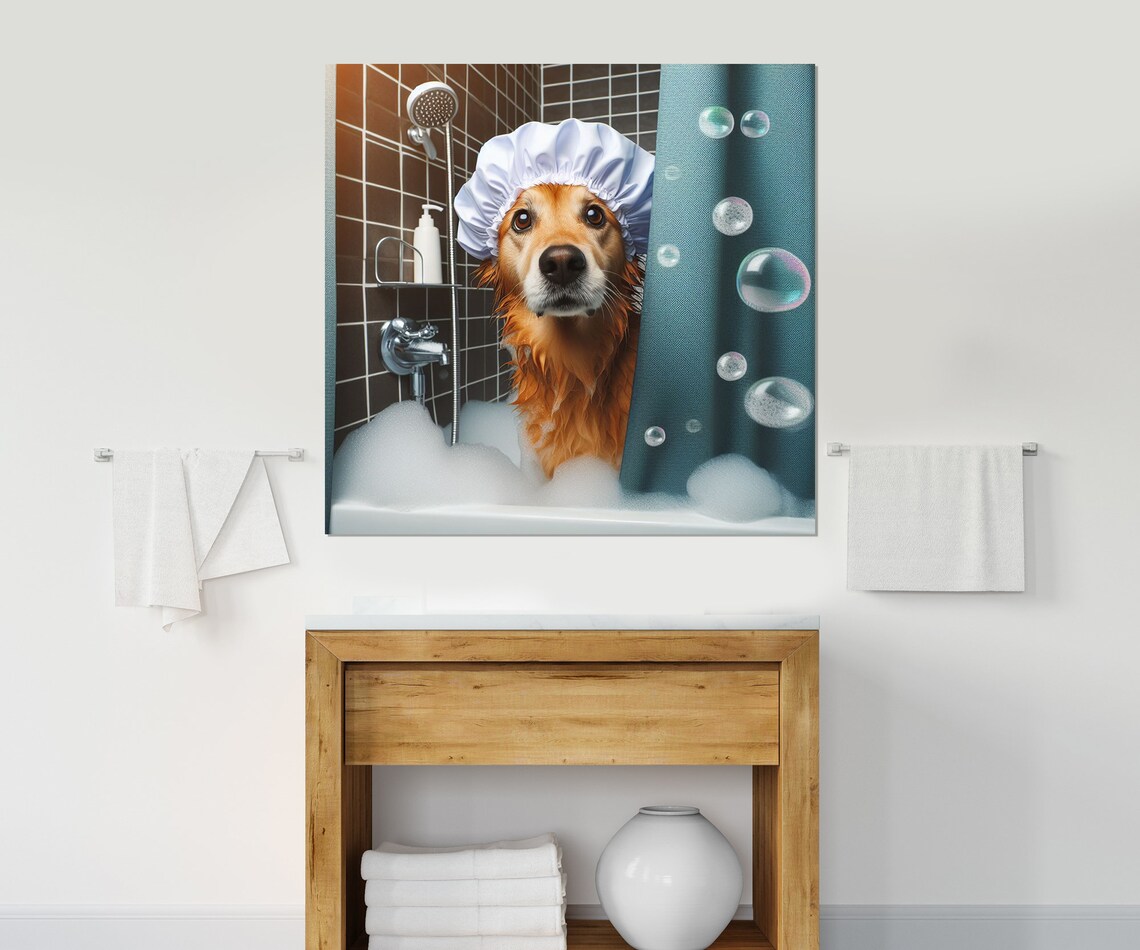 Golden Retriever Puppy in Shower Cap Bubble Bath Funny Animal Poster - Image 2