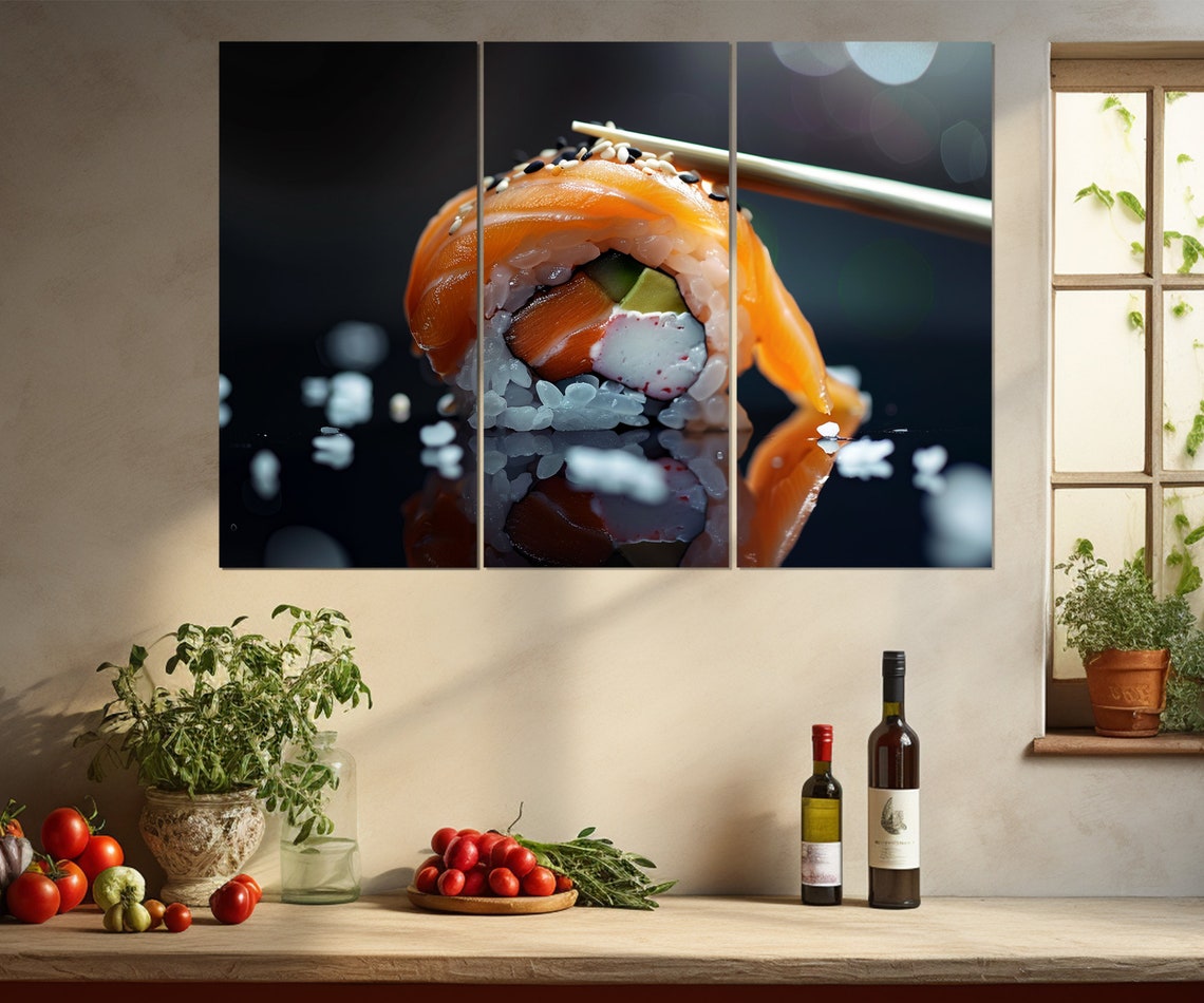 Salmon Sushi Roll Photo Chopsticks Dark Background Kitchen Poster - Image 4