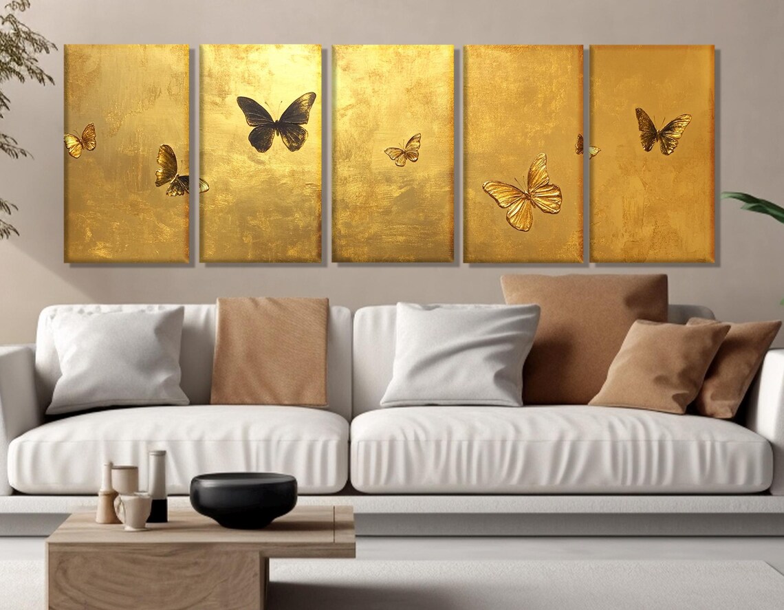 Golden Butterflies Gold Leaf Textured Luxury Painting Wall Art Poster - Image 2