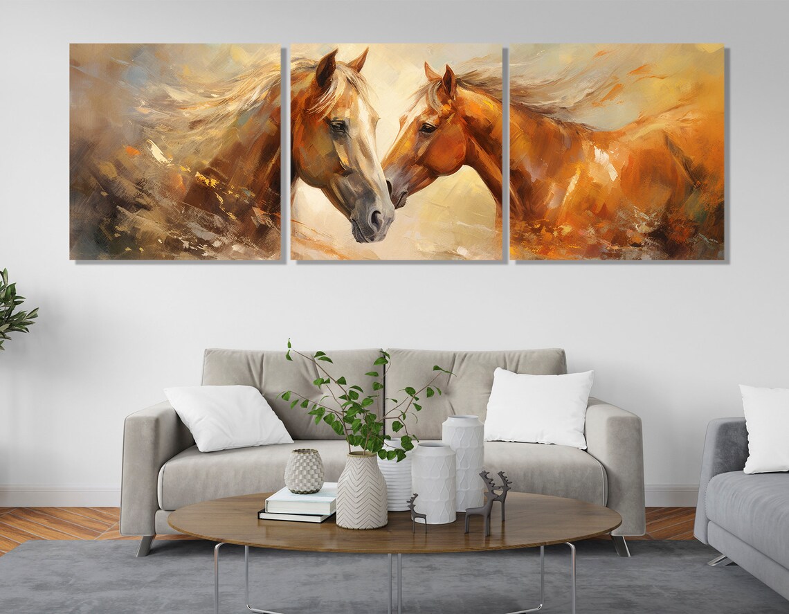 Pair of Horses Tender Moment Warm Abstract Equestrian Art Poster - Image 3