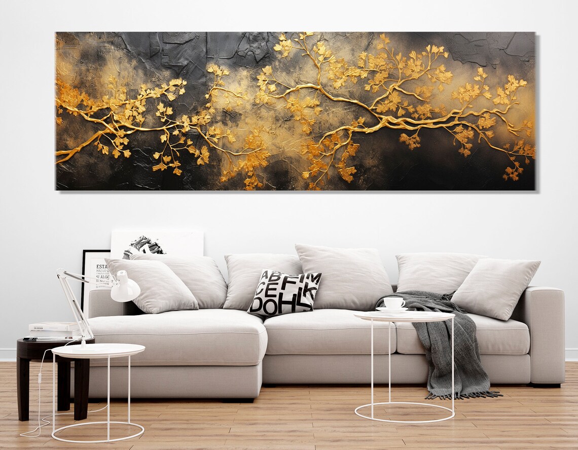 Golden Tree Branch Abstract Art Print, Black Background