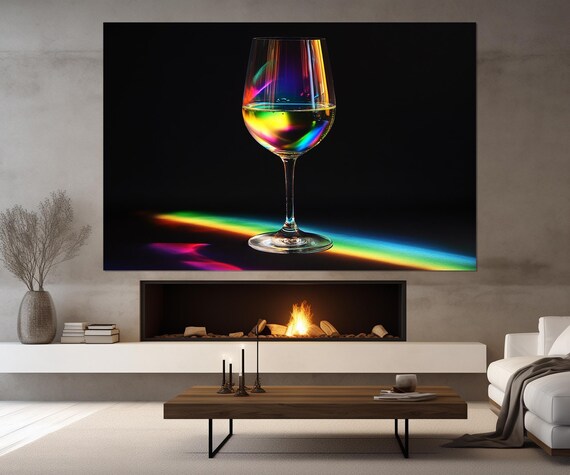 Wine Glass Rainbow Refraction Prism Black Background Kitchen Poster