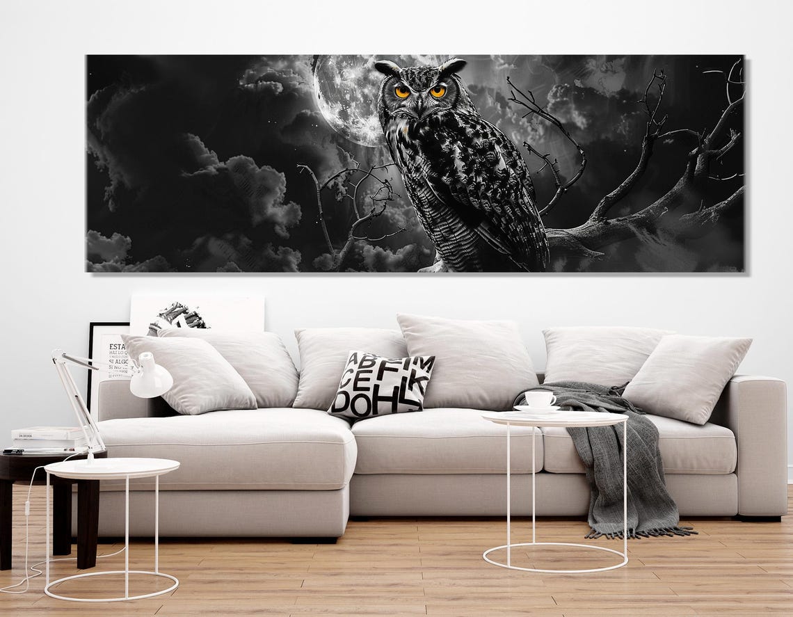 Great Horned Owl Amber Eyes Full Moon Black And White Night Poster - Image 2