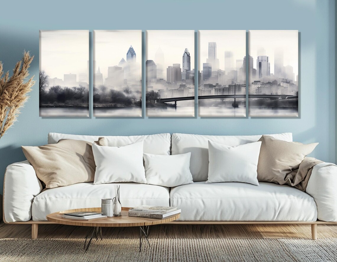 Misty Philadelphia Skyline Foggy Bridge Soft Grey Cityscape Poster - Image 3